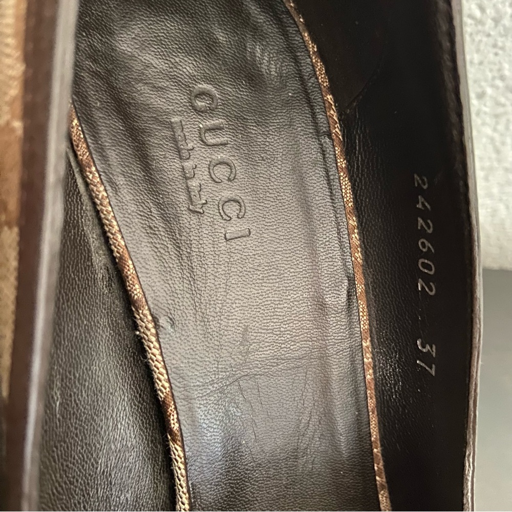 Gucci Monogram Peep-Toe Heels Brown Leather Canvas - Picture 9 of 11